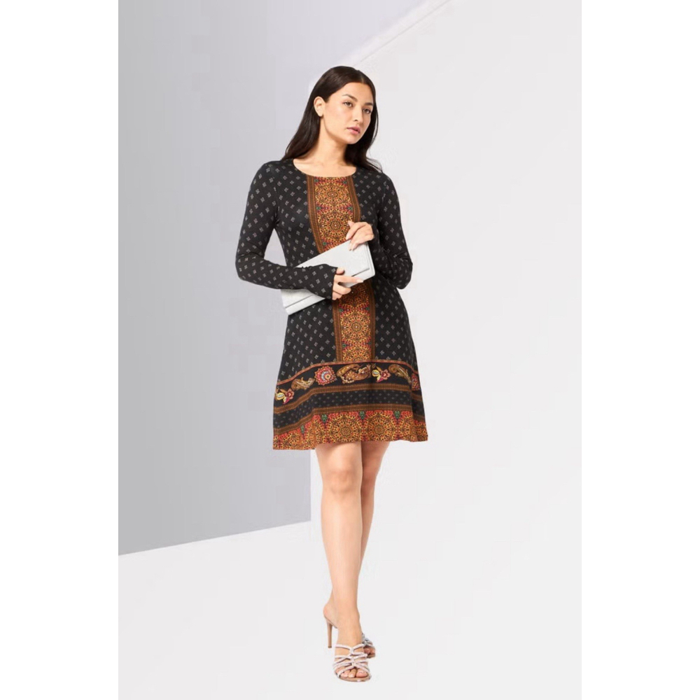 Desigual Camille Long Sleeve Drop Waist Jersey Knit Boho Mini Dress Medium Black